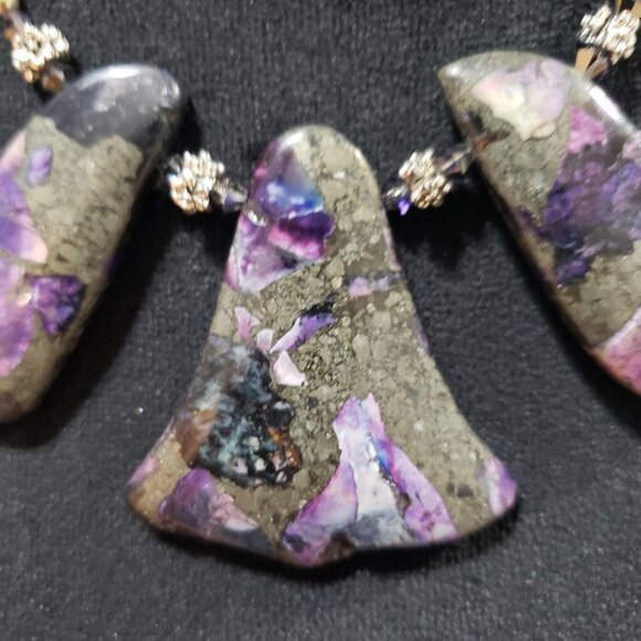 Women Purple Impression Jasper Stone Hematite Beaded Necklace with Hook & Eye - Picture 4 of 6